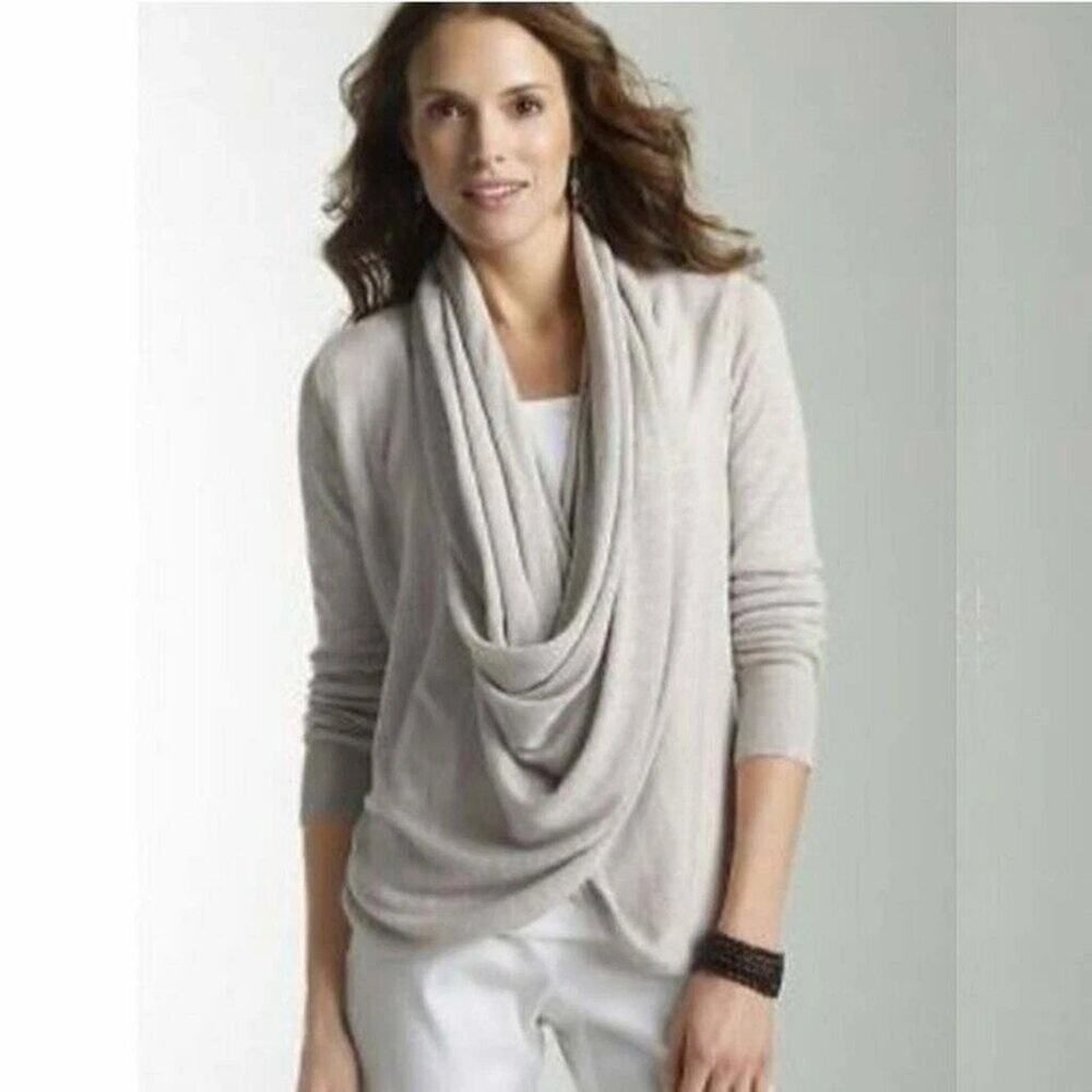 J ILL | Beige Long Sleeve Linen Blend Infinity Wrap Front Drape Twist Sweater M